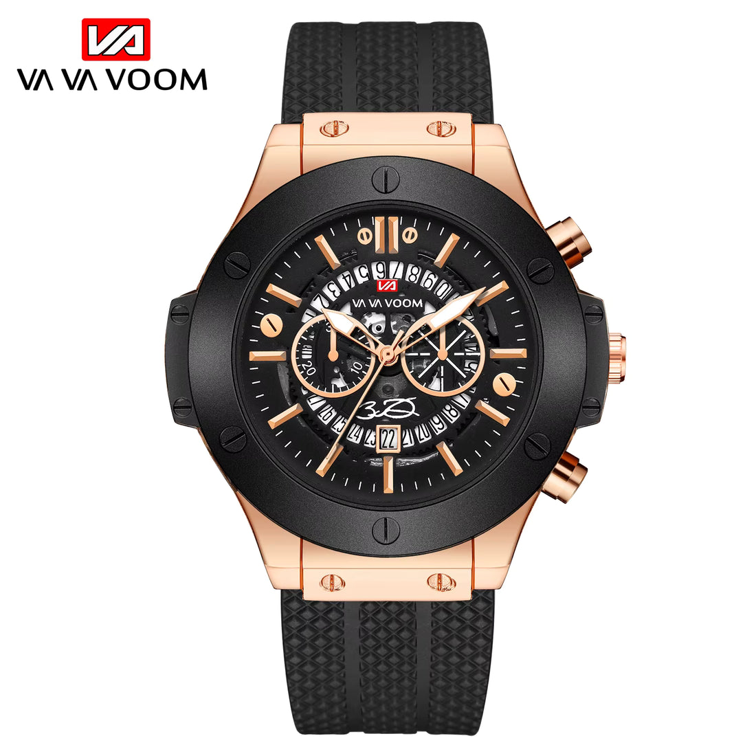 Men’s 46mm Military-Style Sports Watch – Rose Gold Hollow Dial with Black Silicone Band, Quartz Movement