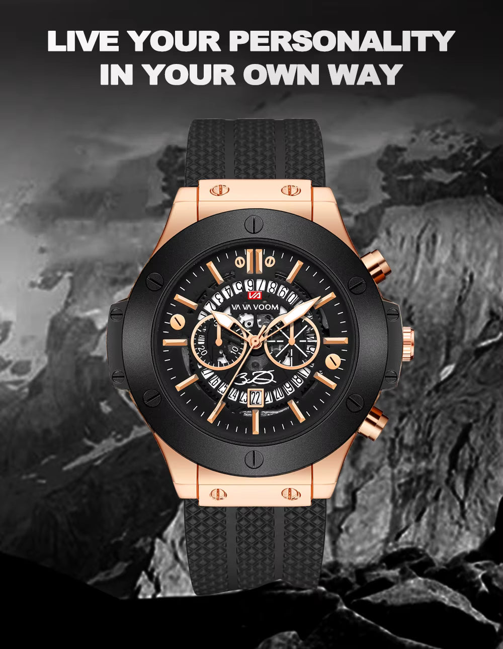Men’s 46mm Military-Style Sports Watch – Rose Gold Hollow Dial with Black Silicone Band, Quartz Movement