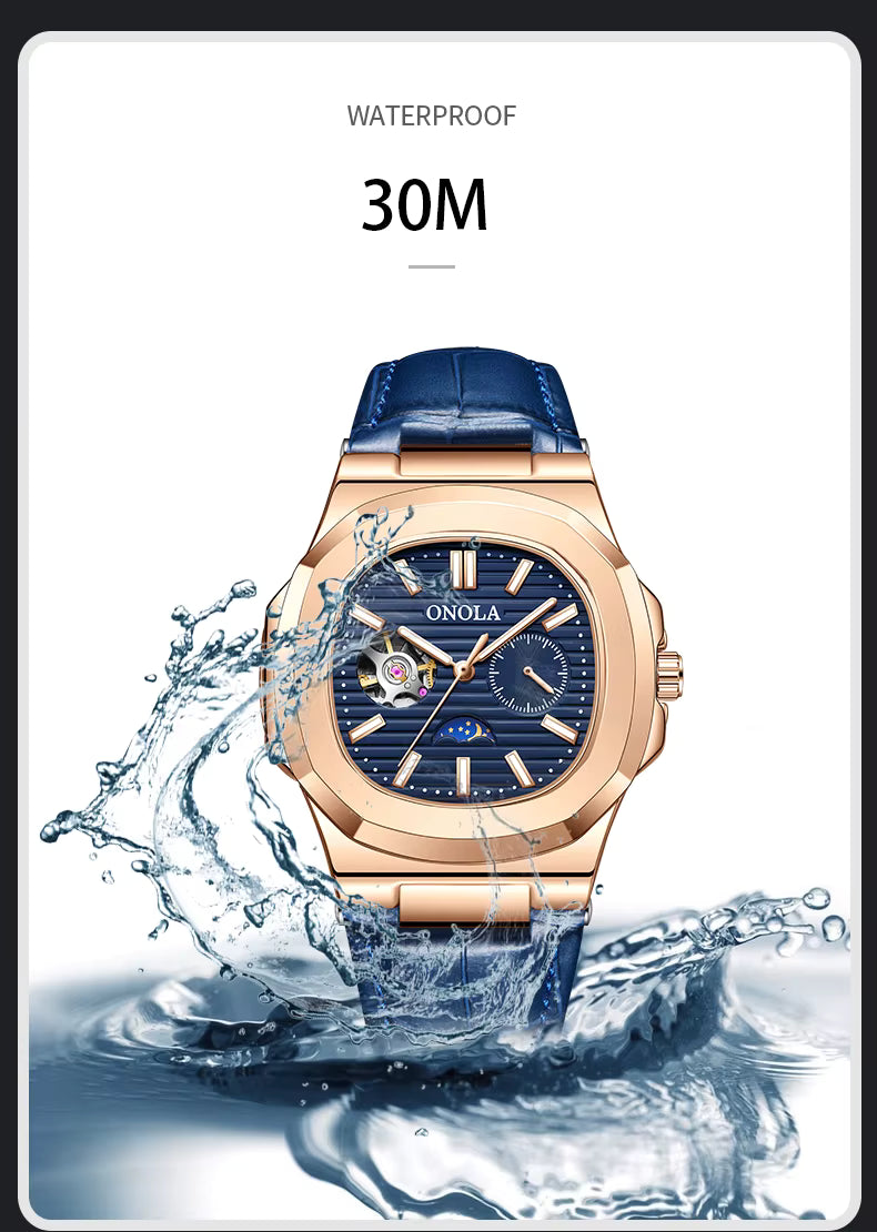 ONOLA Men’s Hollow Automatic Mechanical Watch – Business Style, Waterproof with Genuine Leather Strap