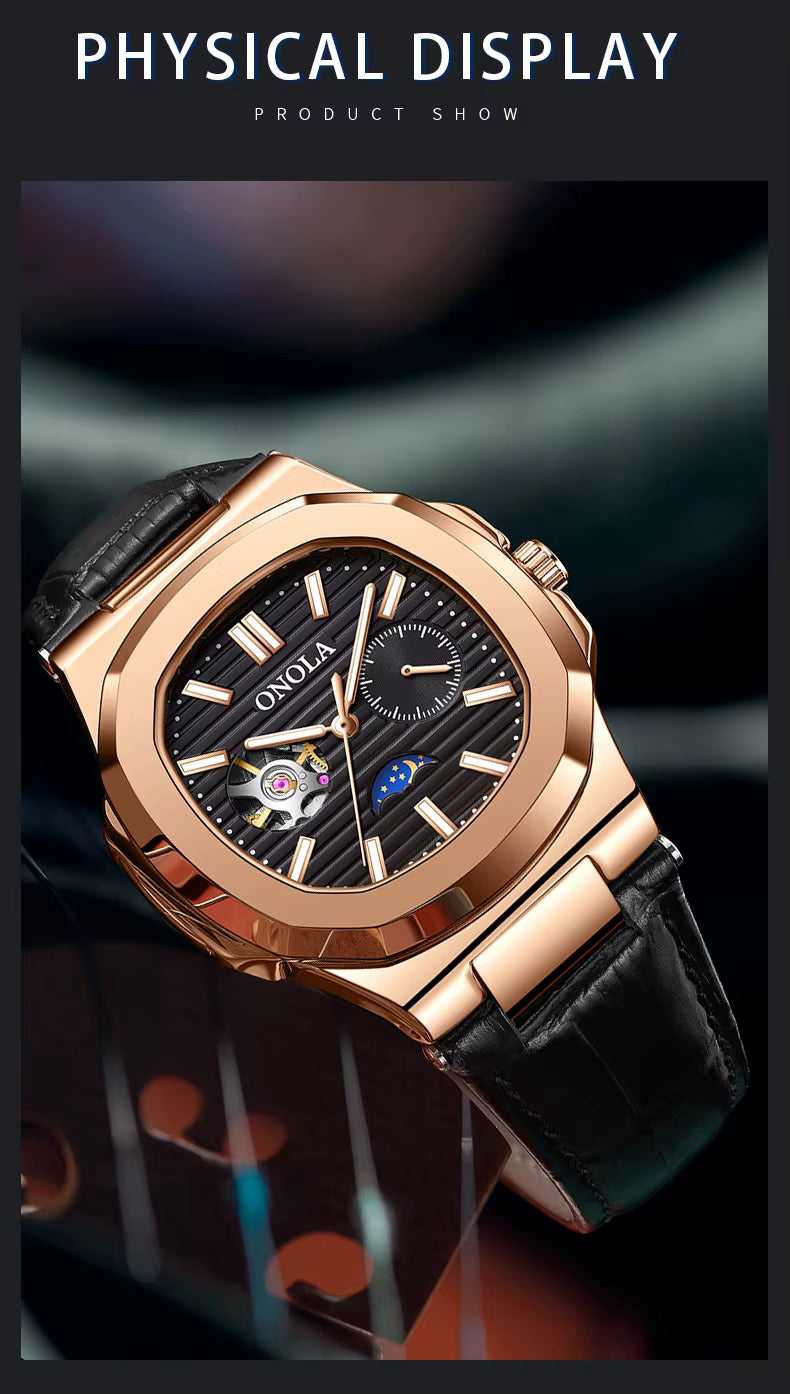 ONOLA Men’s Hollow Automatic Mechanical Watch – Business Style, Waterproof with Genuine Leather Strap