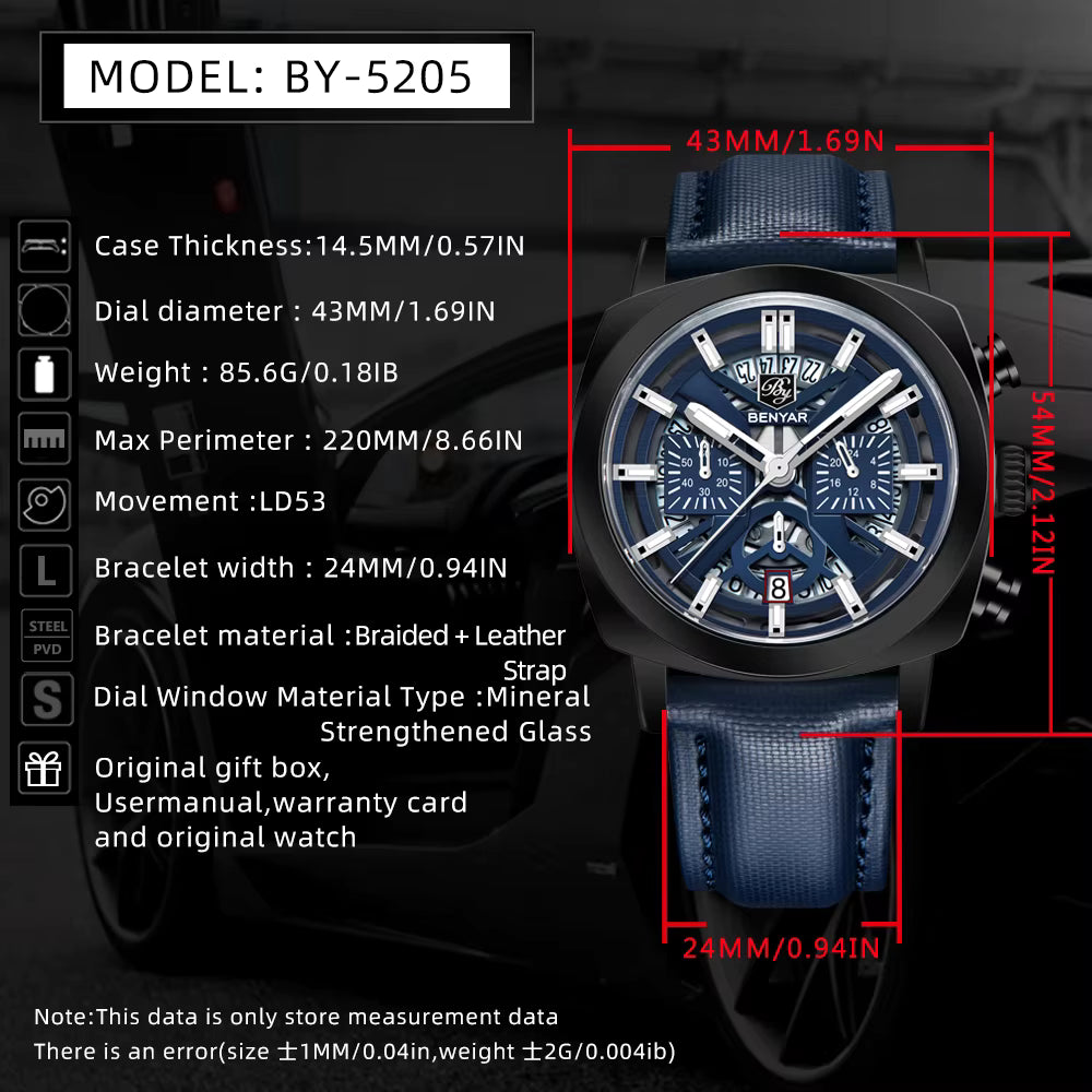 Benyar 2025 Men’s Chronograph Watch – 43mm Luminous Dial, Quartz Movement, 50M Waterproof