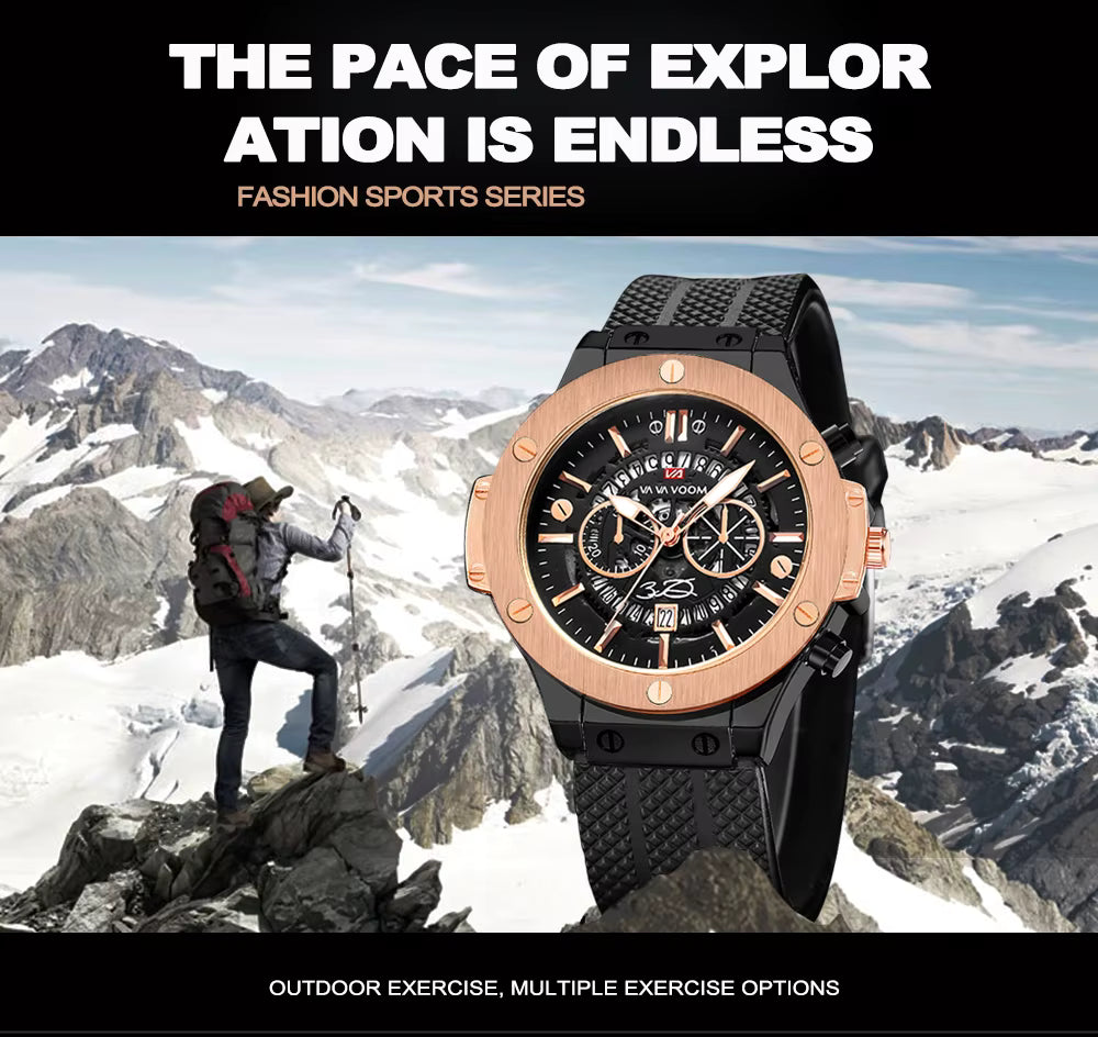 Men’s 46mm Military-Style Sports Watch – Rose Gold Hollow Dial with Black Silicone Band, Quartz Movement