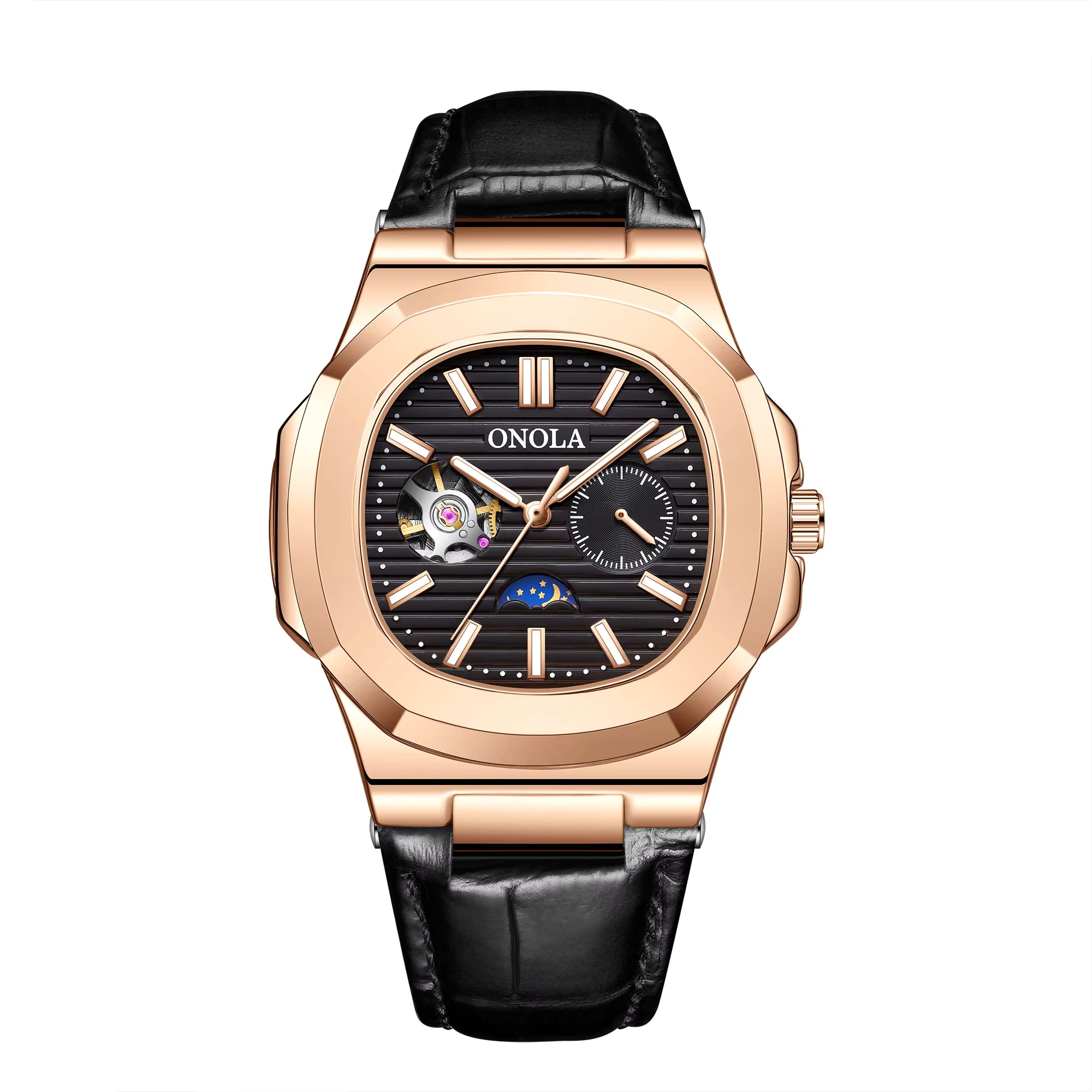 ONOLA Men’s Hollow Automatic Mechanical Watch – Business Style, Waterproof with Genuine Leather Strap