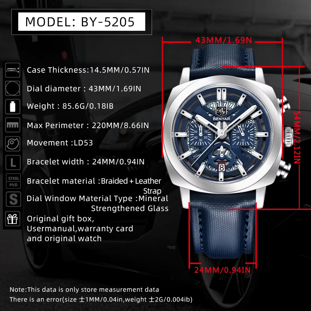 Benyar 2025 Men’s Chronograph Watch – 43mm Luminous Dial, Quartz Movement, 50M Waterproof