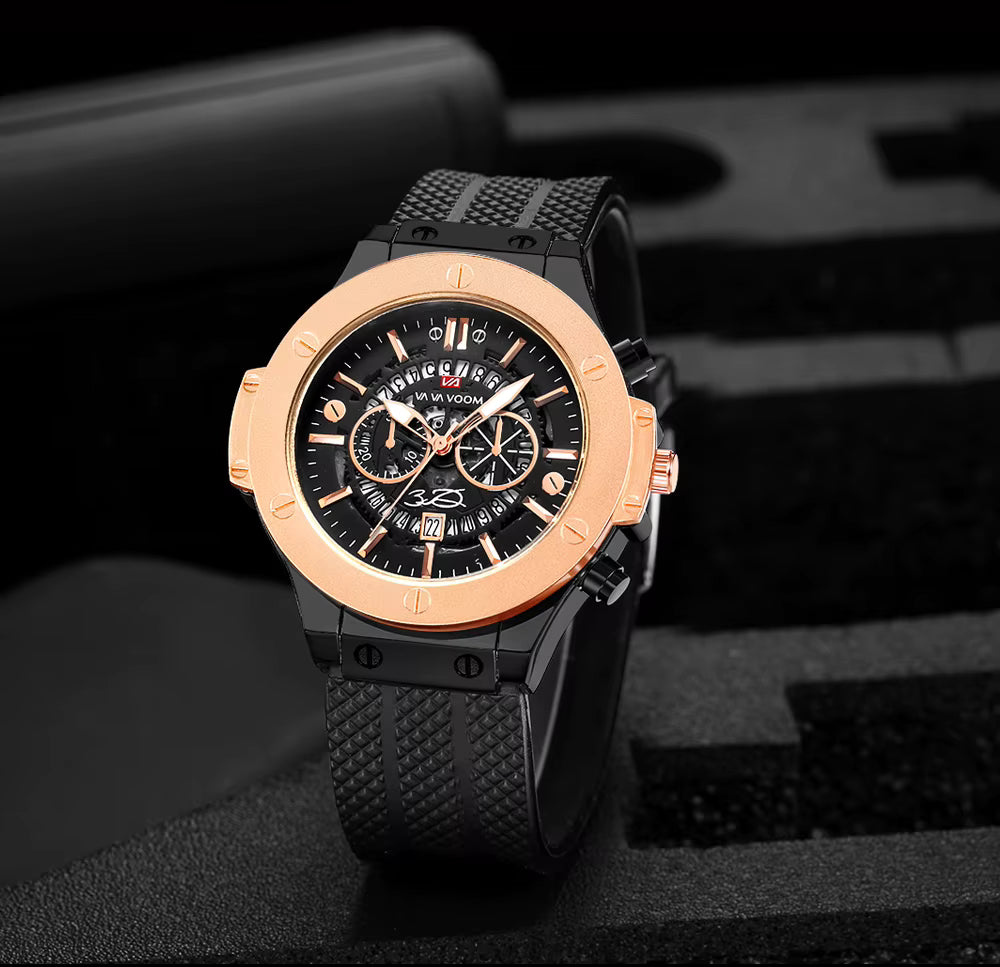 Men’s 46mm Military-Style Sports Watch – Rose Gold Hollow Dial with Black Silicone Band, Quartz Movement