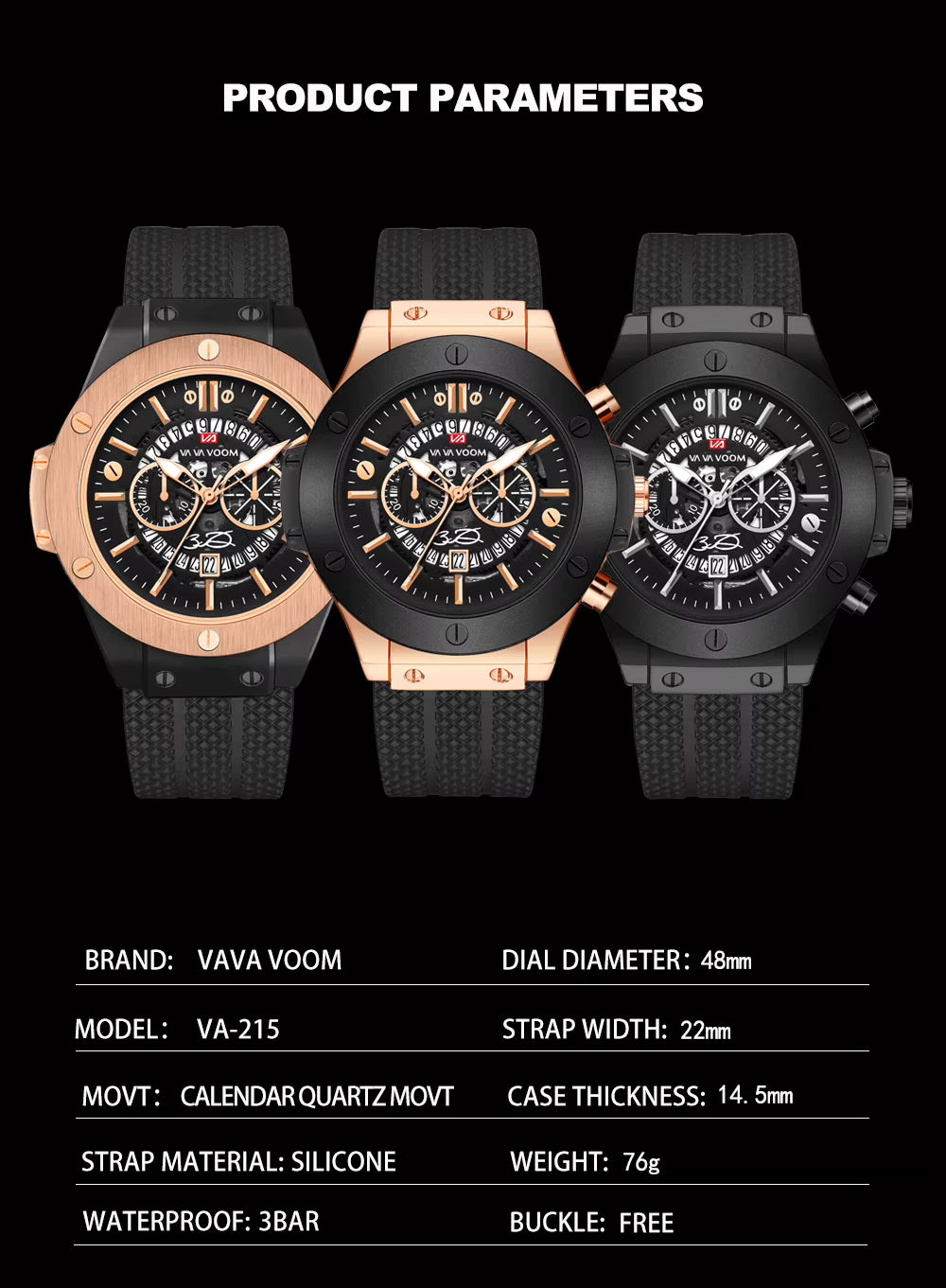 Men’s 46mm Military-Style Sports Watch – Rose Gold Hollow Dial with Black Silicone Band, Quartz Movement
