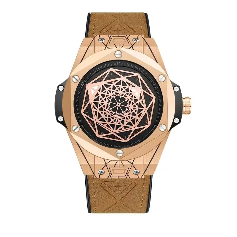 Men’s Rotating Star Design Watch – Rose Gold Quartz with Genuine Leather Strap, 3Bar Waterproof Business Casual Timepiece