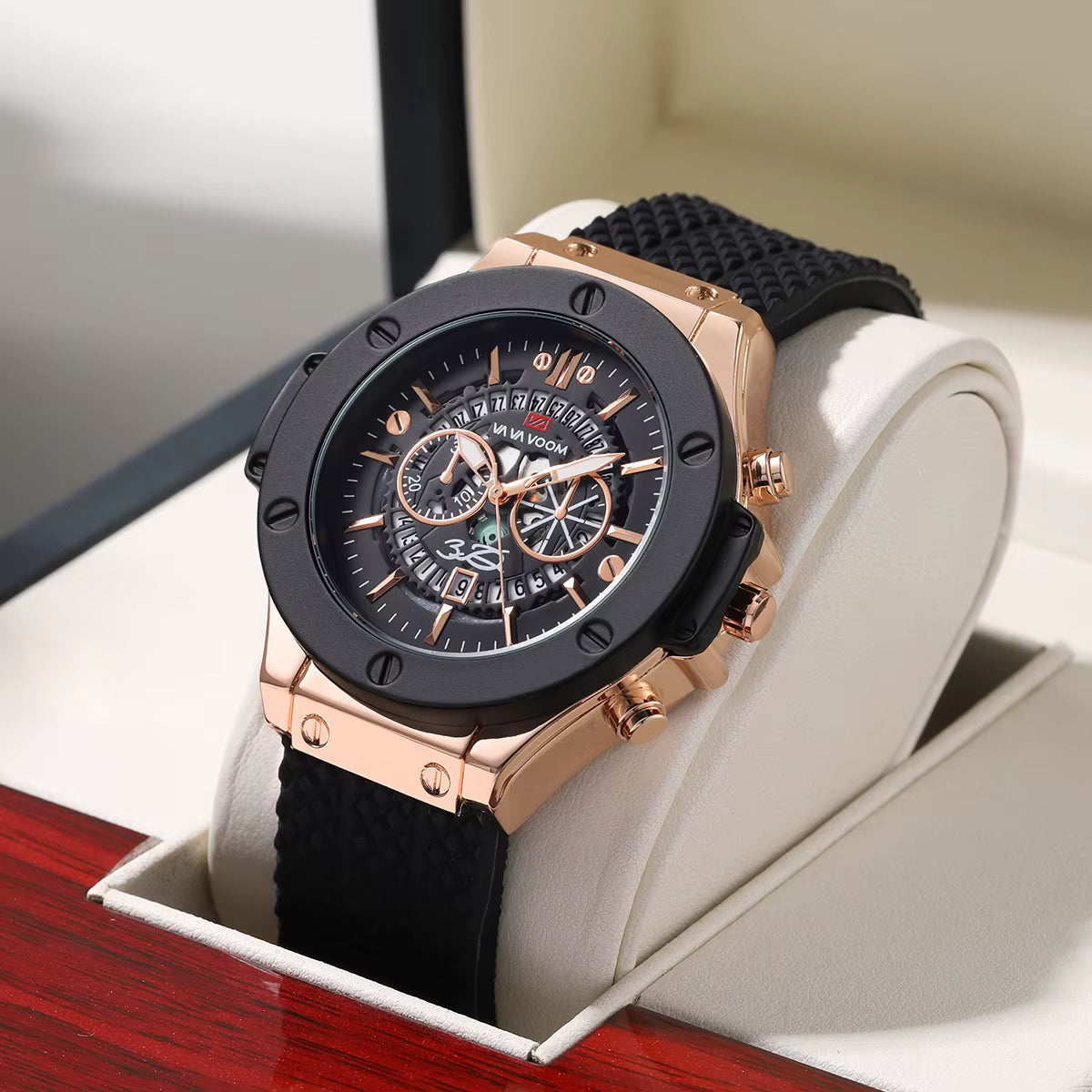 Men’s 46mm Military-Style Sports Watch – Rose Gold Hollow Dial with Black Silicone Band, Quartz Movement