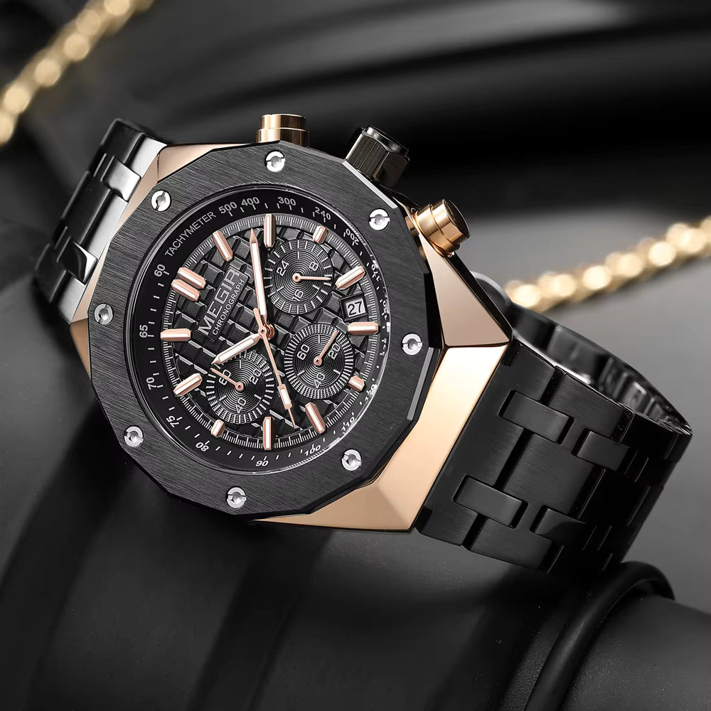 MEGIR Luxury Chronograph Men’s Watch – Polygon Case Quartz with Auto Date, Fashion Casual Business Timepiece