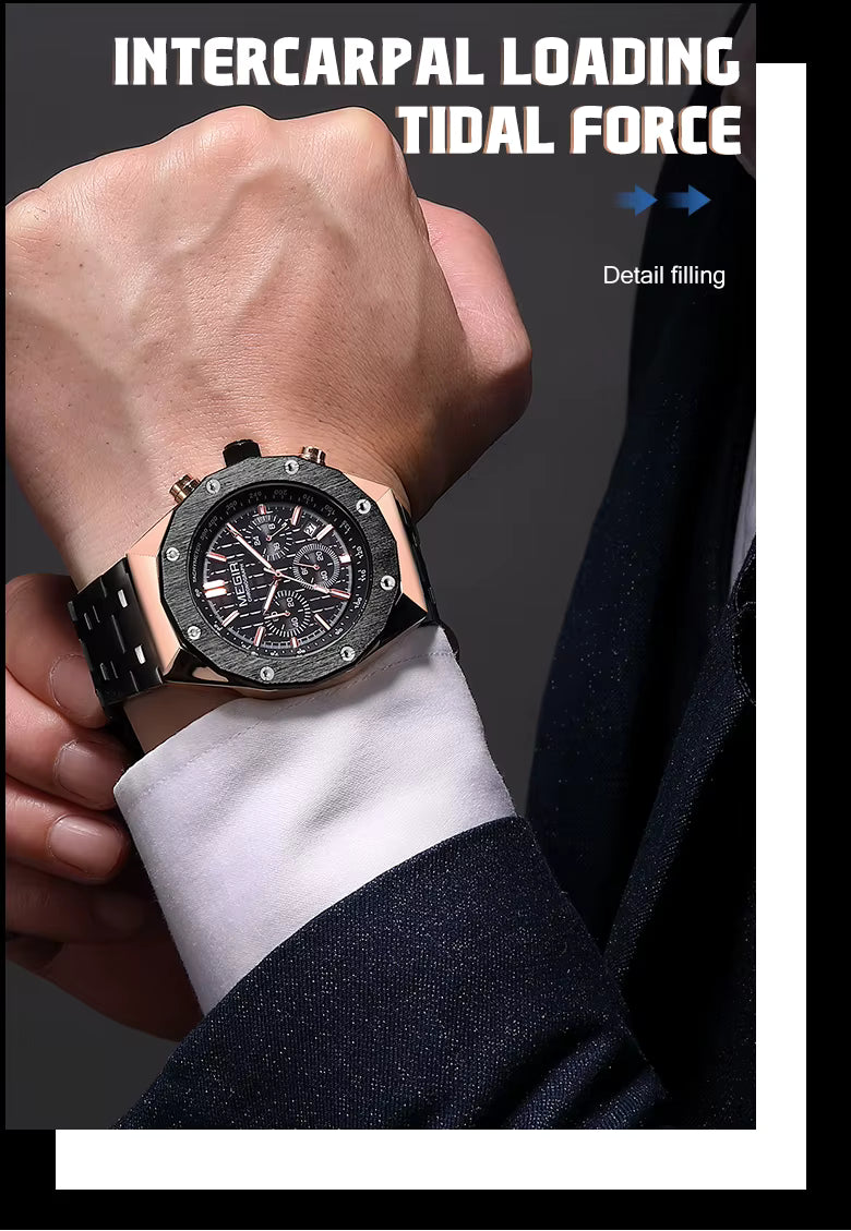MEGIR Luxury Chronograph Men’s Watch – Polygon Case Quartz with Auto Date, Fashion Casual Business Timepiece