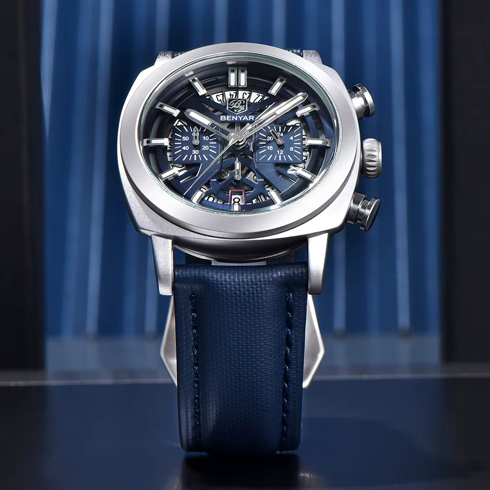 Benyar 2025 Men’s Chronograph Watch – 43mm Luminous Dial, Quartz Movement, 50M Waterproof