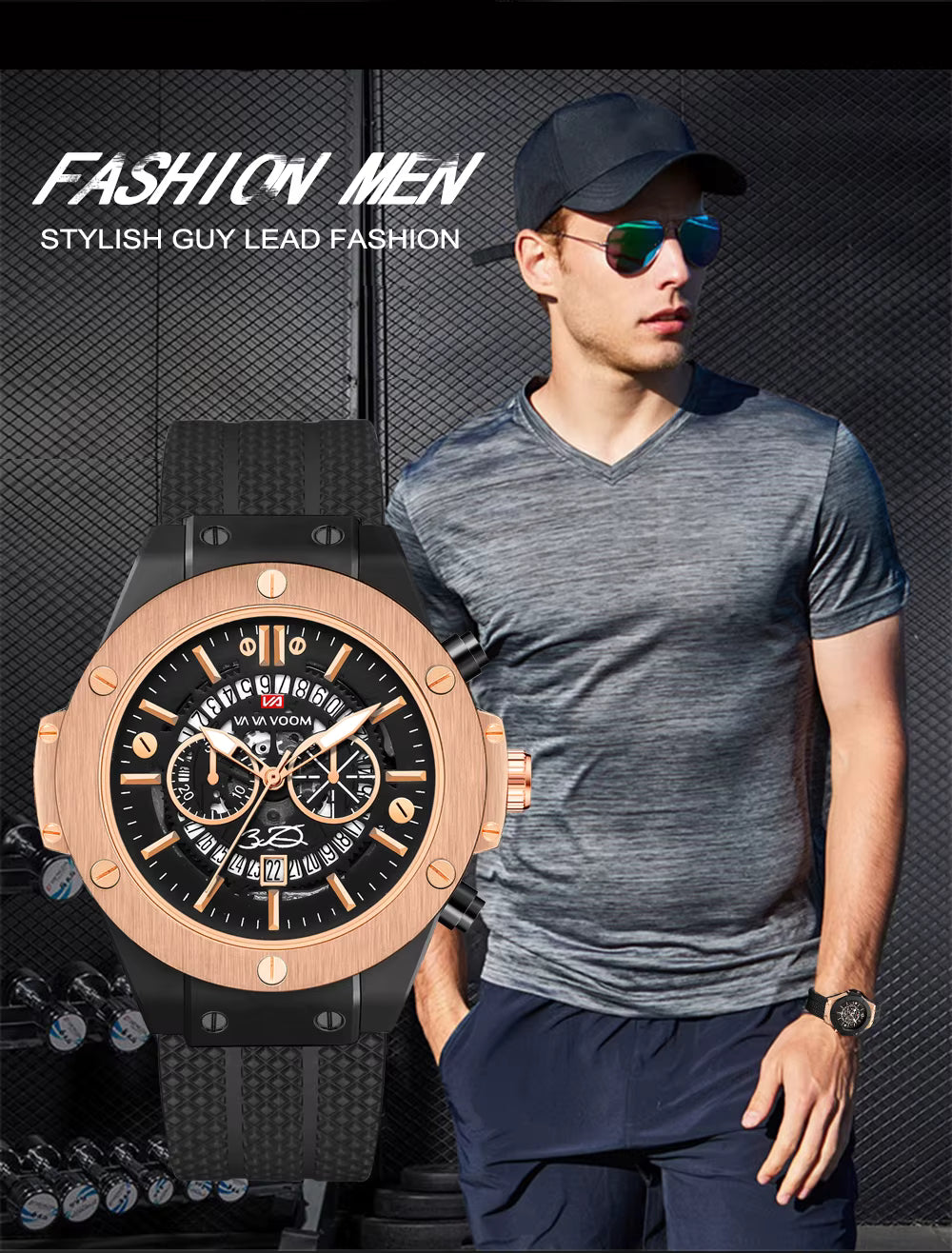 Men’s 46mm Military-Style Sports Watch – Rose Gold Hollow Dial with Black Silicone Band, Quartz Movement