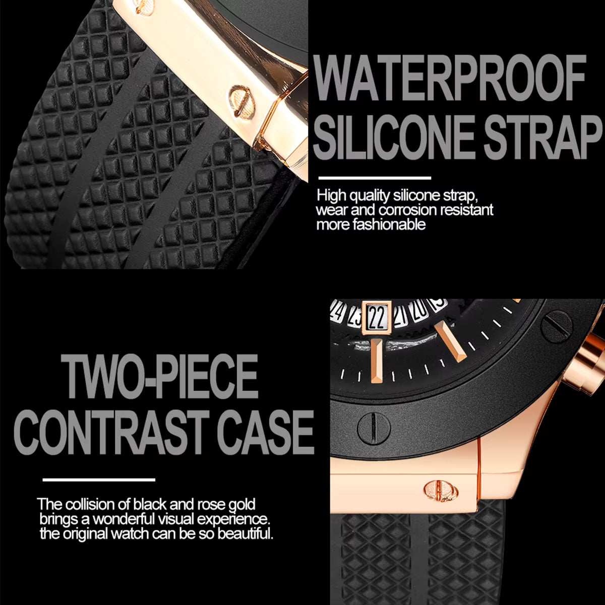 Men’s 46mm Military-Style Sports Watch – Rose Gold Hollow Dial with Black Silicone Band, Quartz Movement