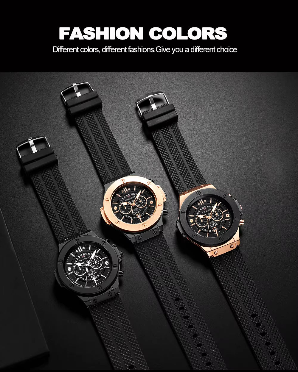 Men’s 46mm Military-Style Sports Watch – Rose Gold Hollow Dial with Black Silicone Band, Quartz Movement
