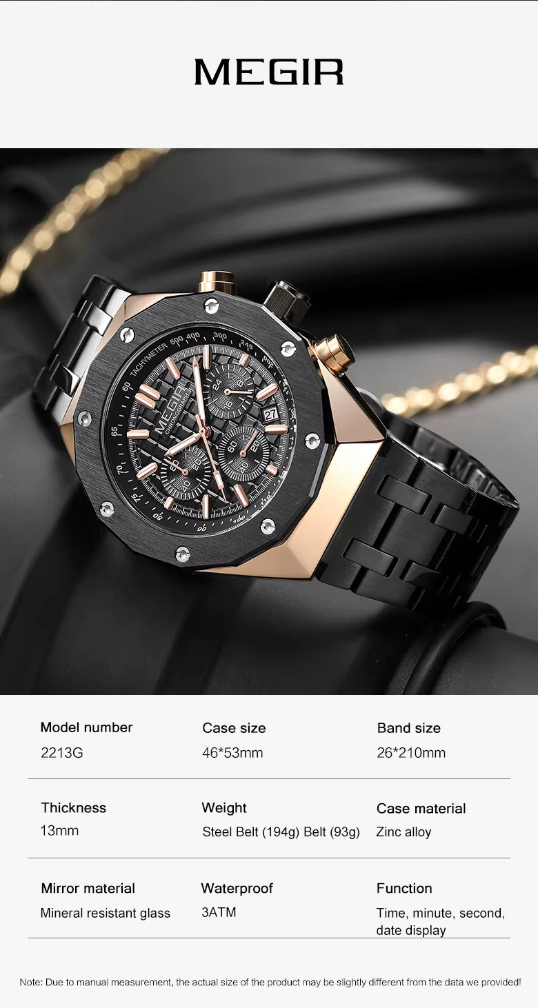 MEGIR Luxury Chronograph Men’s Watch – Polygon Case Quartz with Auto Date, Fashion Casual Business Timepiece