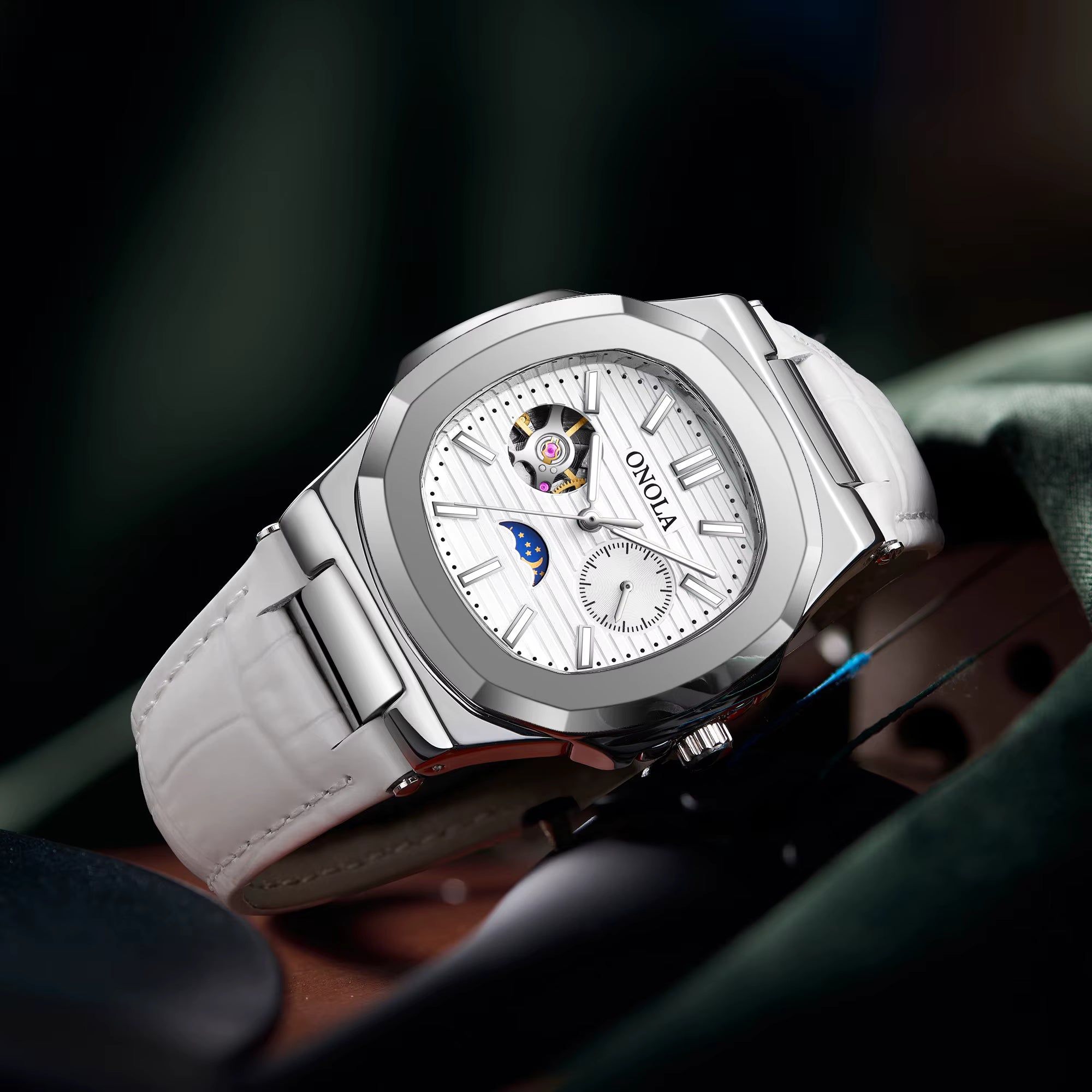 ONOLA Men’s Hollow Automatic Mechanical Watch – Business Style, Waterproof with Genuine Leather Strap