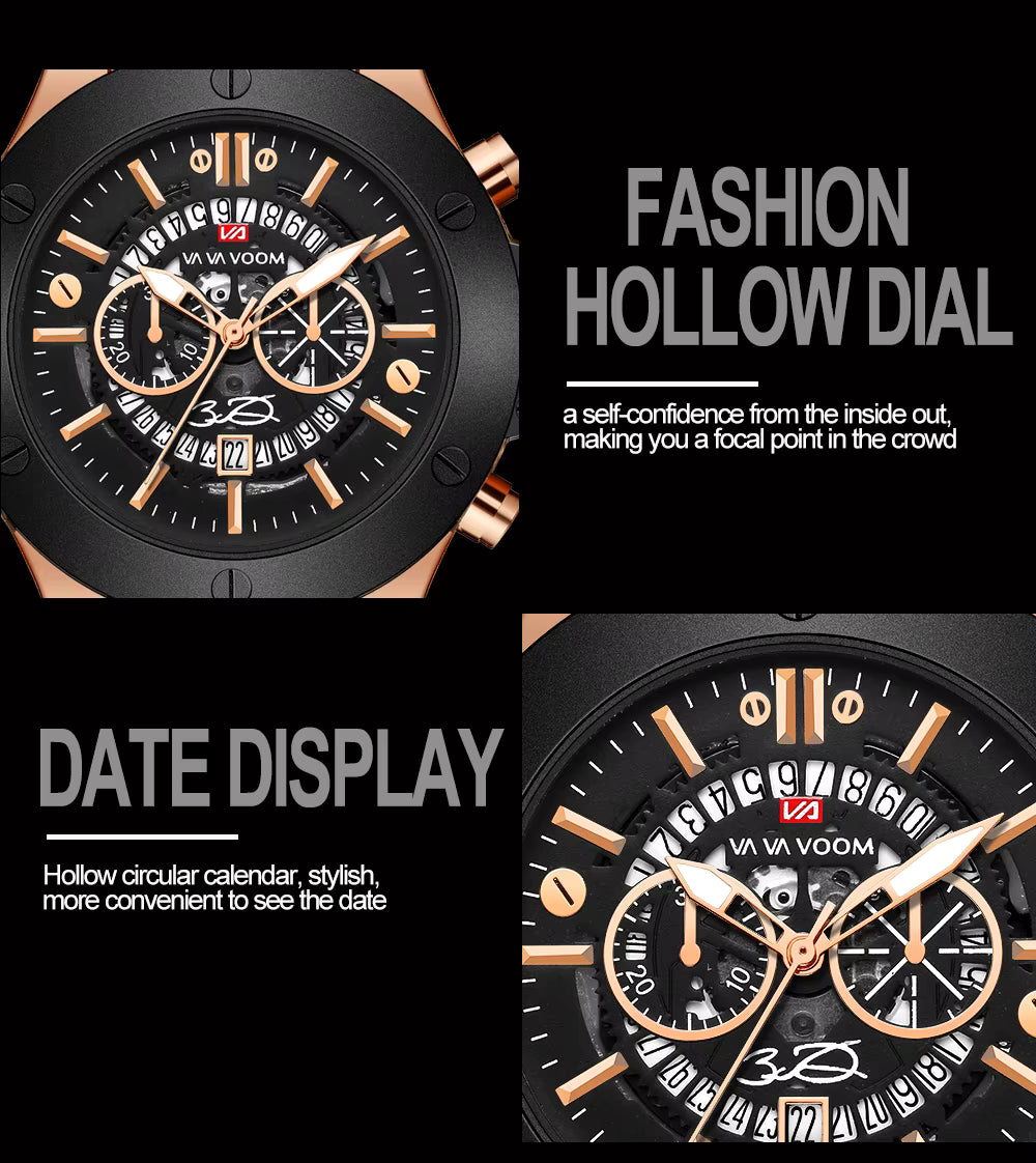 Men’s 46mm Military-Style Sports Watch – Rose Gold Hollow Dial with Black Silicone Band, Quartz Movement